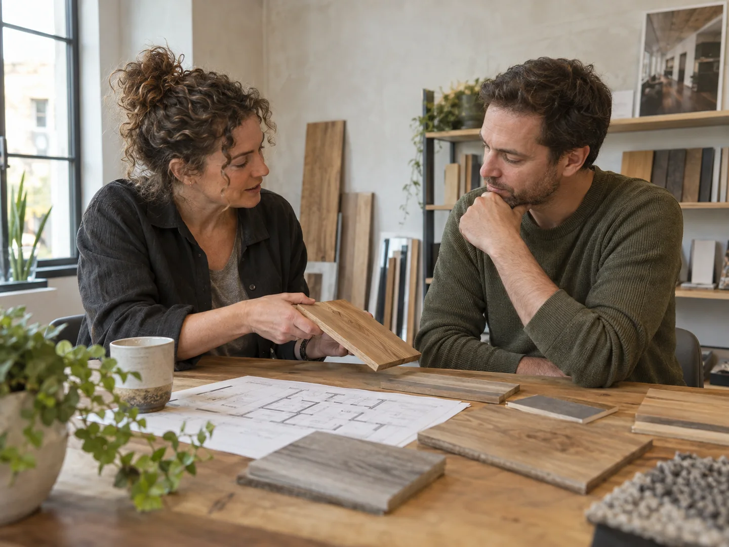 Illustrative renovation business owner and a homeowner discussing a flooring sample.