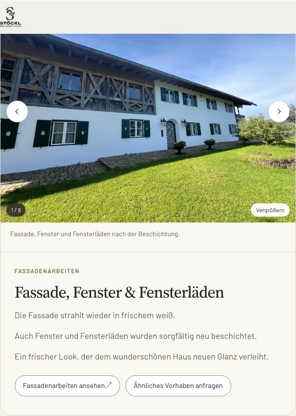 Original Stöckl project page showing facade work and an enquiry route